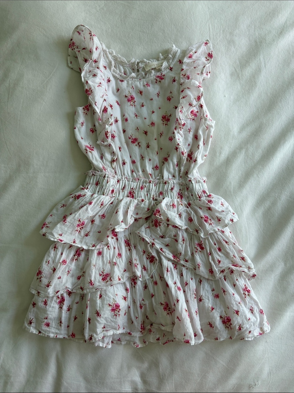 LoveShackFancy White Dress with Pink Floral Ruffles